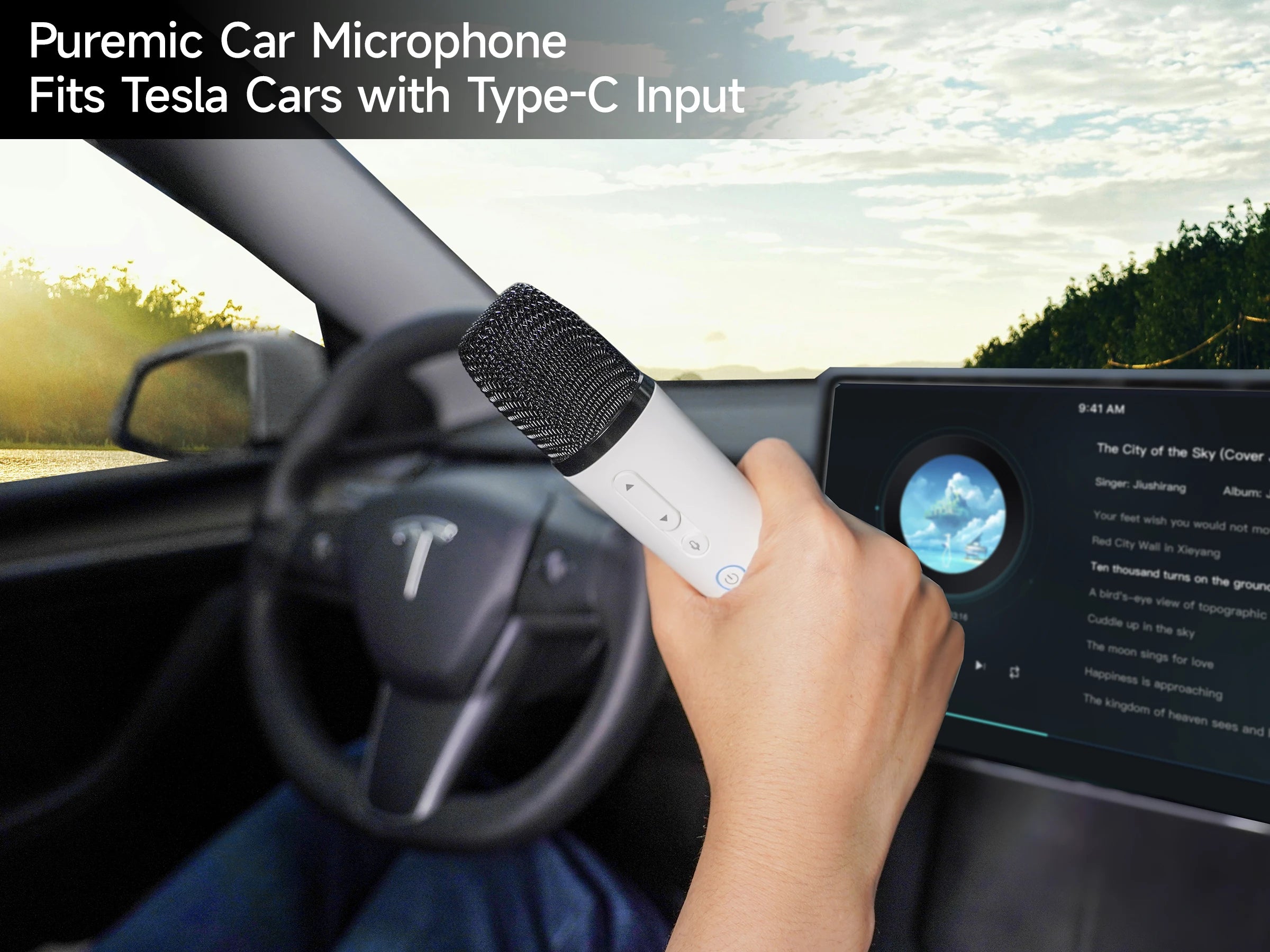 Q1-Tesla Car Karaoke Microphone for Tesla Model Y/3/X/Cybertruck, Rechargeable Caraoke Mic with USB-A & USB-C Receiver