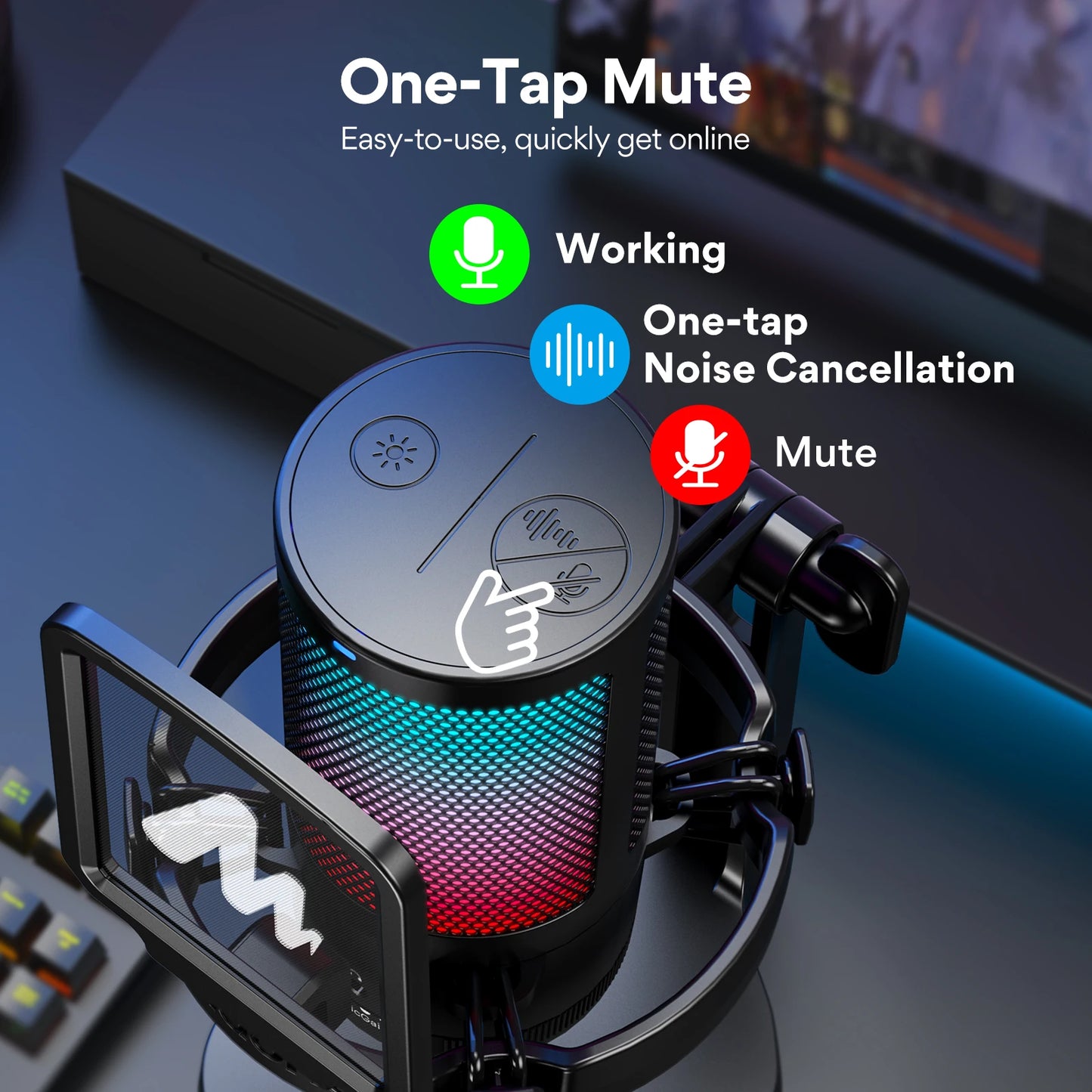 DGM20 Gaming Microphone,USB Microphone Condenser Mic RGB Gaming Mic with Noise reduction software,Mic Gain,One Key Mute