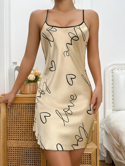 Heart Letter Print Nightdress  Casual Round Neck Spaghetti Strap Sleep Dress  Women's Sleepwear   Dresses