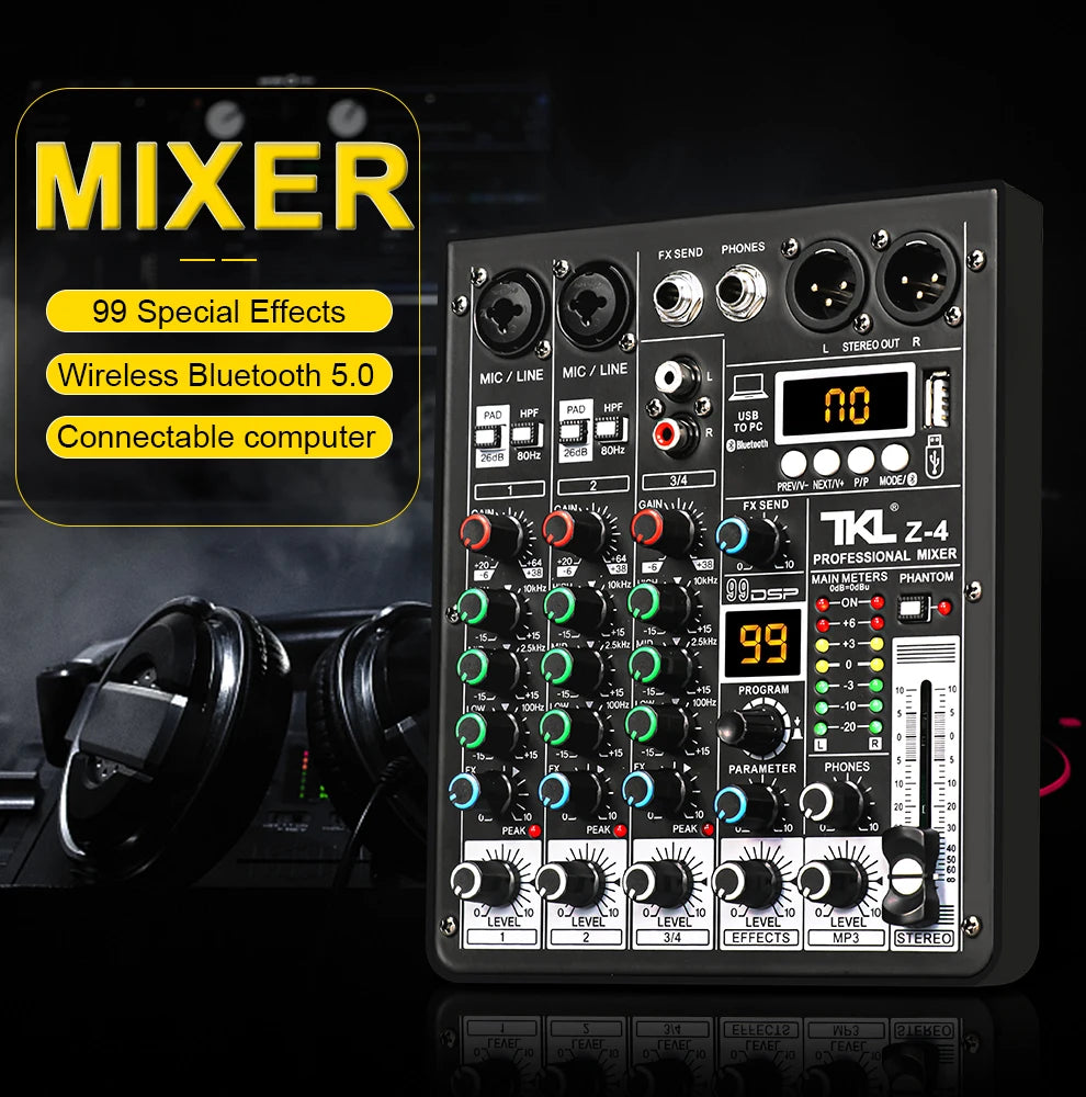 4 Channel Audio Mixer With 99 DSP Effects Bluetooth USB And 48V Phantom Power