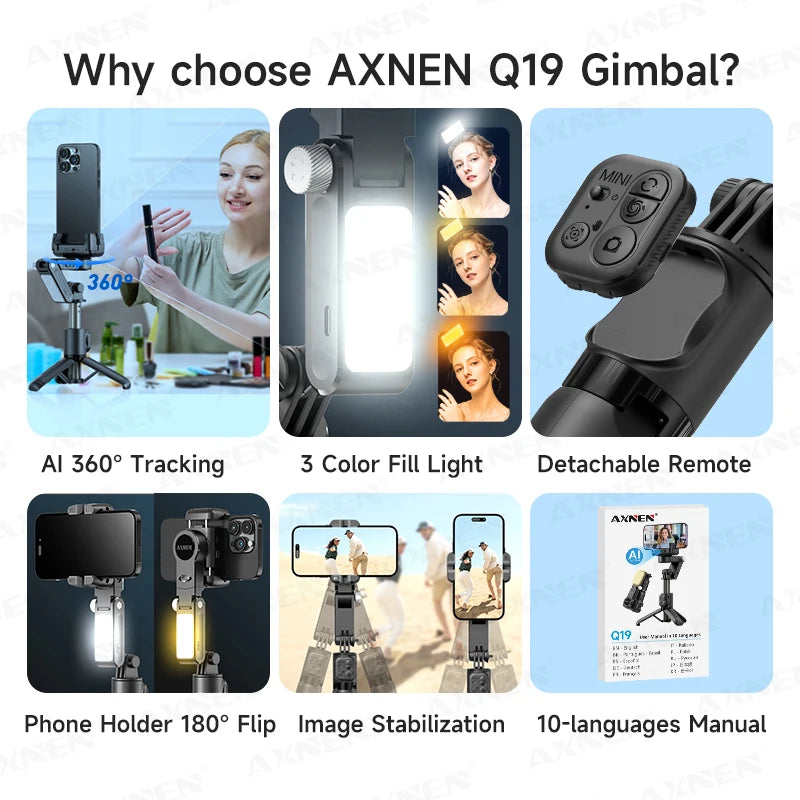 Q19 AI Desktop Gimbal Stabilizer 360 Rotation Auto Face Tracking Mobile Phone Handheld Anti-shake Selfie with Fill Light
