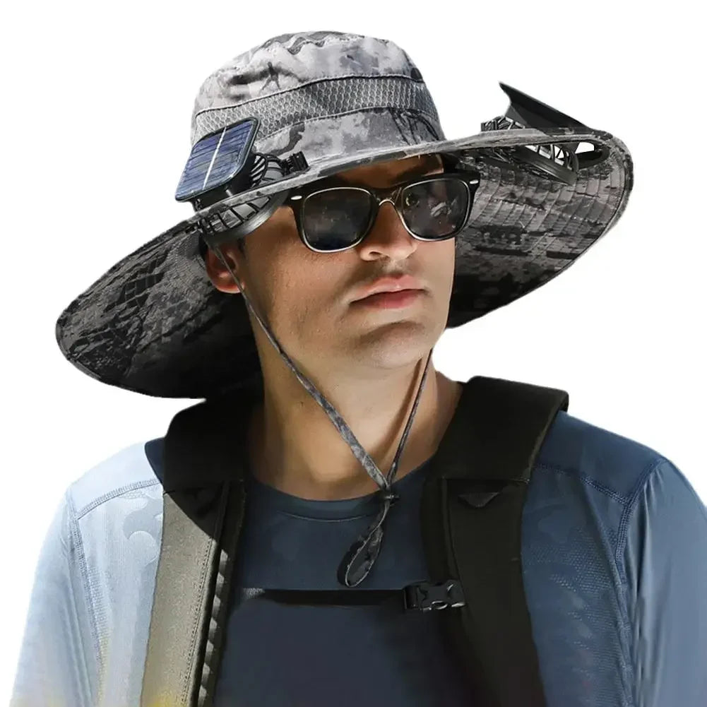 Wide Brim Solar Fan Hat With Dual Fans