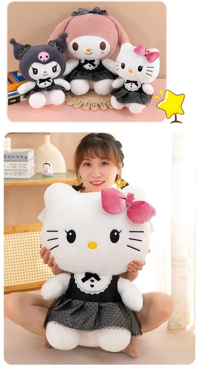 Kawaii Kuromi My Melody Plush Toy with Black Bow Skirt Cute Hello Kitty Stuffed Doll for Kids Birthday Xmas Gift Large Size Toy