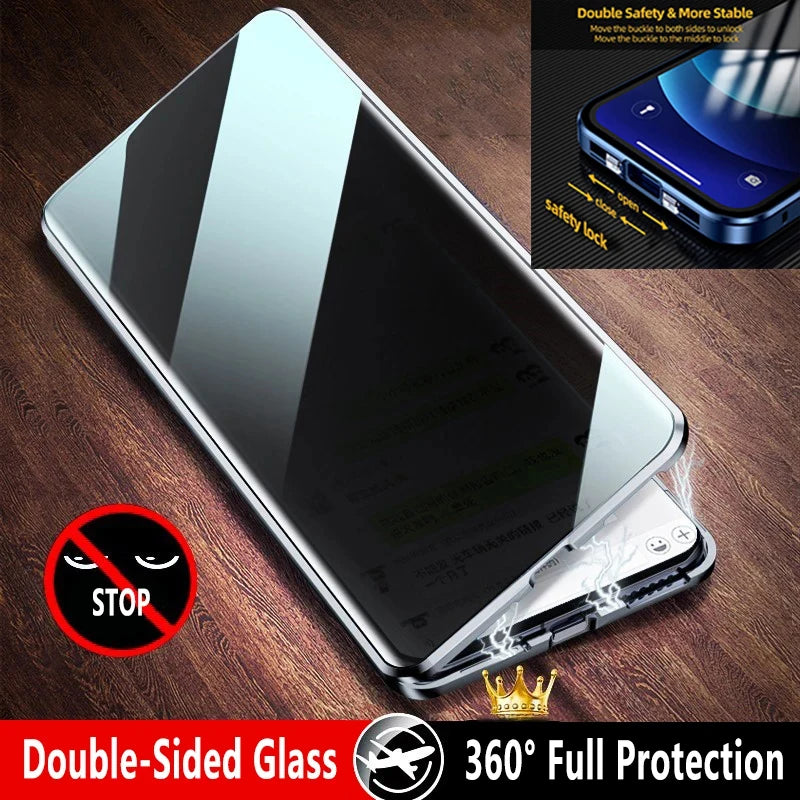 360°Full Protected Metal  Anti Peeping Buckle Lock Phone Case For iPhone 15 14 Pro Max Double-Sided Glass Cover