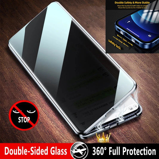 360°Full Protected Metal Anti Peeping Buckle Lock Phone Case For iPhone 15 14 Pro Max Double-Sided Glass Cover