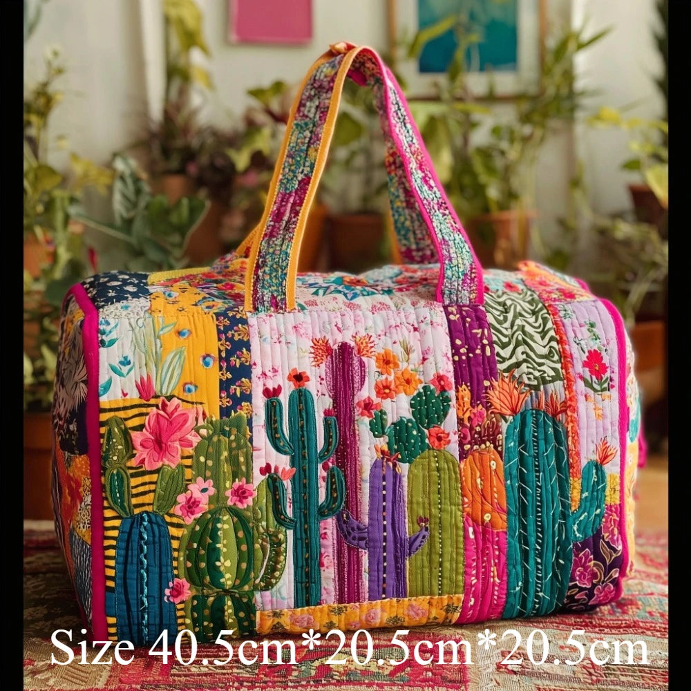 Quilted 3D Printed Cactus Floral Travel Duffel Bag Lightweight Polyester Spacious Carry-On Bag for Weekend Trips Gym Vacation