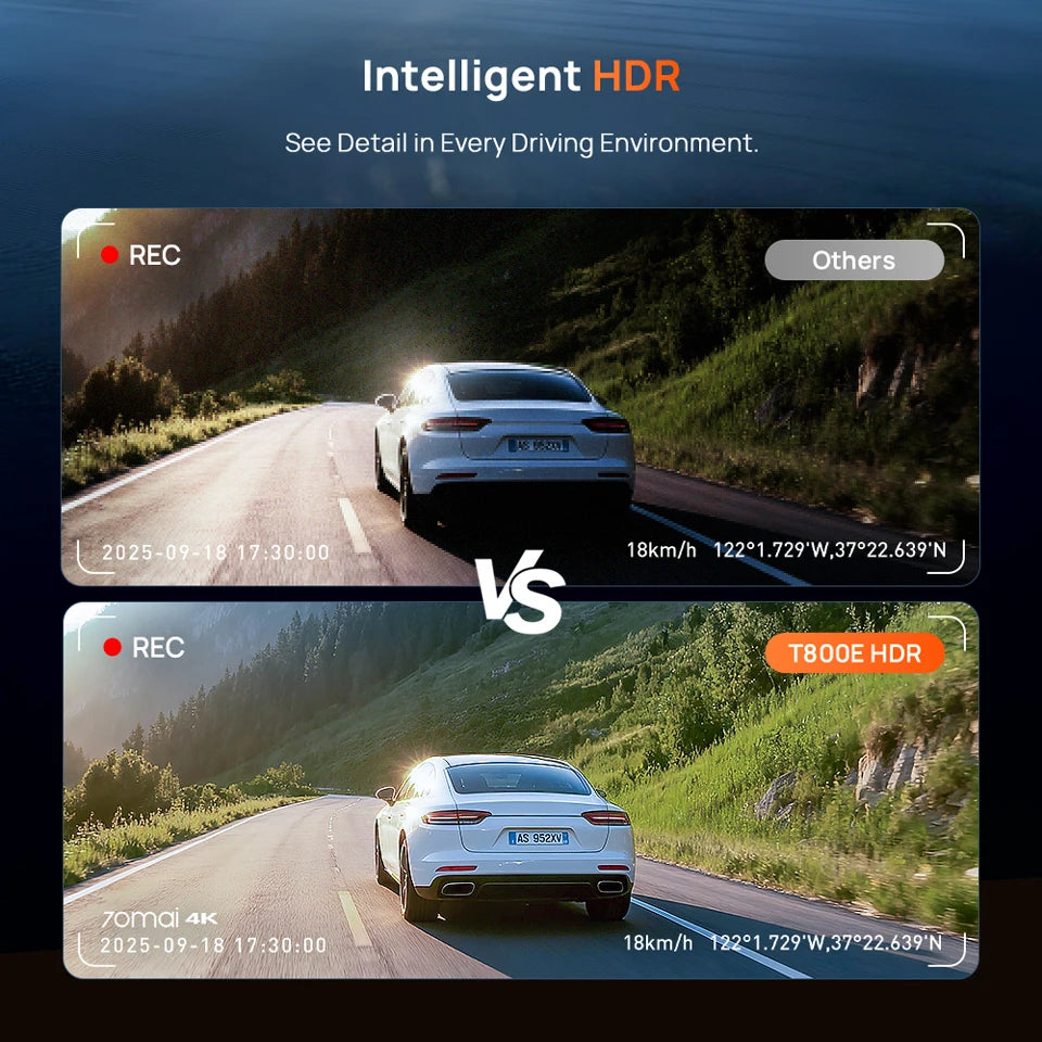 T800E 3‑Channel Dash Cam 4K Front + 1080P Rear & Interior Car DVR – HDR, GPS, WiFi 6, Voice Control, Supercapacitor