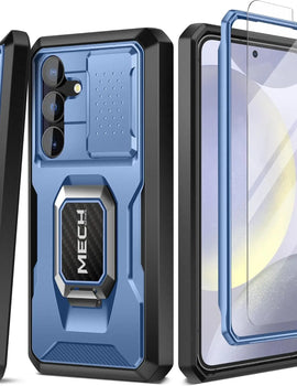 Bulit-in Ring Holder Case for Samsung Galaxy S24 with Tempered Glass Screen Protector Sliding Camera Cover Rugged Phone Case
