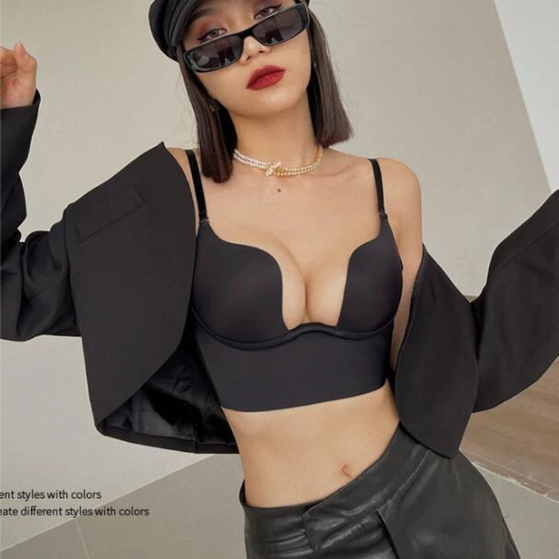 Womens Deep U Neck Seamless Underwire Push Up Bra