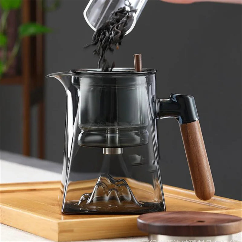 One Click Tea Separation Filtration Bottom Mountain View Glass Teapot With Wood Handle 700ml Kungfu Tea Water Separation Tea Pot