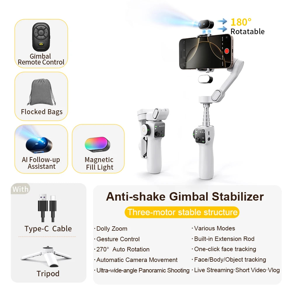 3-Axis Handheld Gimbal Phone Stabilizer with Extension Rod  8.0 Anti Shake Face Tracking for Phone Outdoor Shooting Vlog
