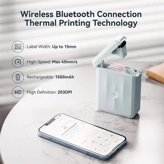 D110 Mini Thermal Label Printer, Bluetooth Portable Pocket Sticker Maker 12–15mm Inkless Label Printer for Home Organization