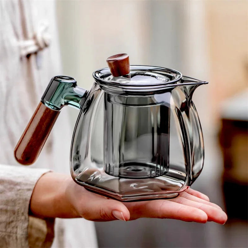 600ml Wooden Handle Hexagonal Glass Teapot with Tea Infsuer  Houshold Brewing Tea Pot Tea Ceremony Tea Maker Teaware