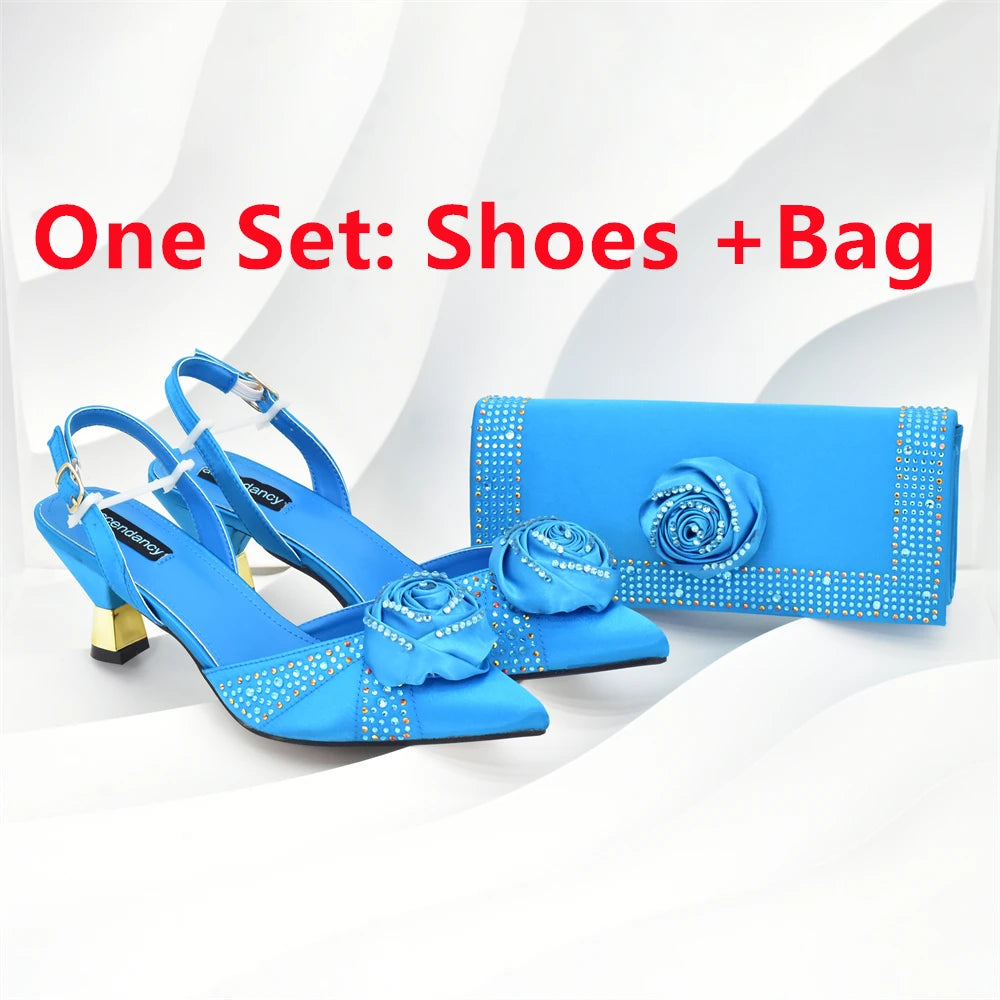 Italian Wedding Matching Shoes and Bags Decorated with Handmade Flowers Diamonds Pointed Toe Women Pumps with Purse