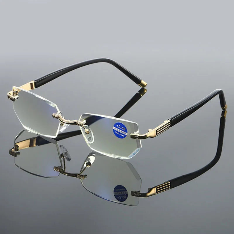 Rimless Dimond Cut Reading Glasses Men's Anti Blue Light Old Glasses Business Style