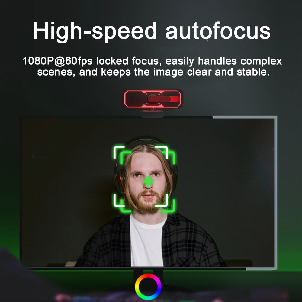 1080P Gaming Webcam 60FPS Autofocus Fill Light Camera Privacy Cover 7 Colors RGB Fill Light Stereo for Laptop Live Streaming