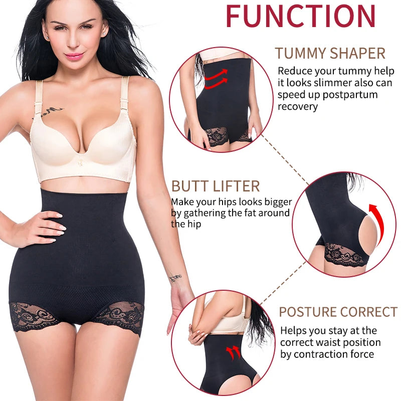 High Waist Tummy Control Panties Women Shapewear Lace Trim Hollow Cut Butt Lifter Body Shaper Sculpting Briefs Underwear Nude