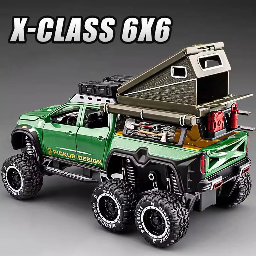 1:28 Scale UNIMOG Motorhome X-Class 6x6 U5000 Car Model Toy Sound Light Pull Back Doors Opened Off-road Vehicle Models Boys Gift