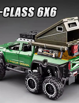 1:28 Scale UNIMOG Motorhome X-Class 6x6 U5000 Car Model Toy Sound Light Pull Back Doors Opened Off-road Vehicle Models Boys Gift