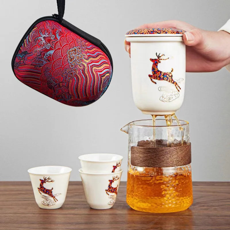 Travel Portable Porcelain Tea Set With Bag Chinese Ceramics Puer Teapot Portable Outdoor Flower Tea Strainer Drinking Set