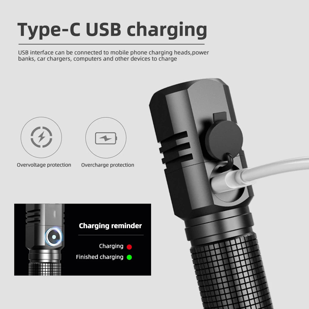 Mini XHP50 LED Flashlight Rechargeable USB Zoom Torch Super Bright Portable Camping Light