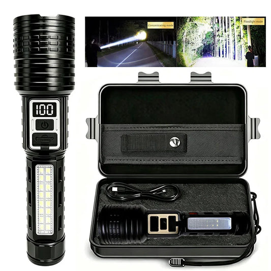 High Power Rechargeable LED Flashlight With COB Side Light And Zoom
