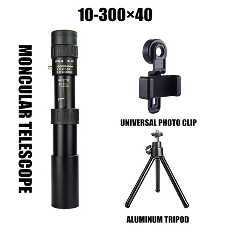 10-300x40 Zoom Telescope HD 4K Portable Strong Binoculars Long Range Professional Monocular BAK4-Prisms For Hunting Camping