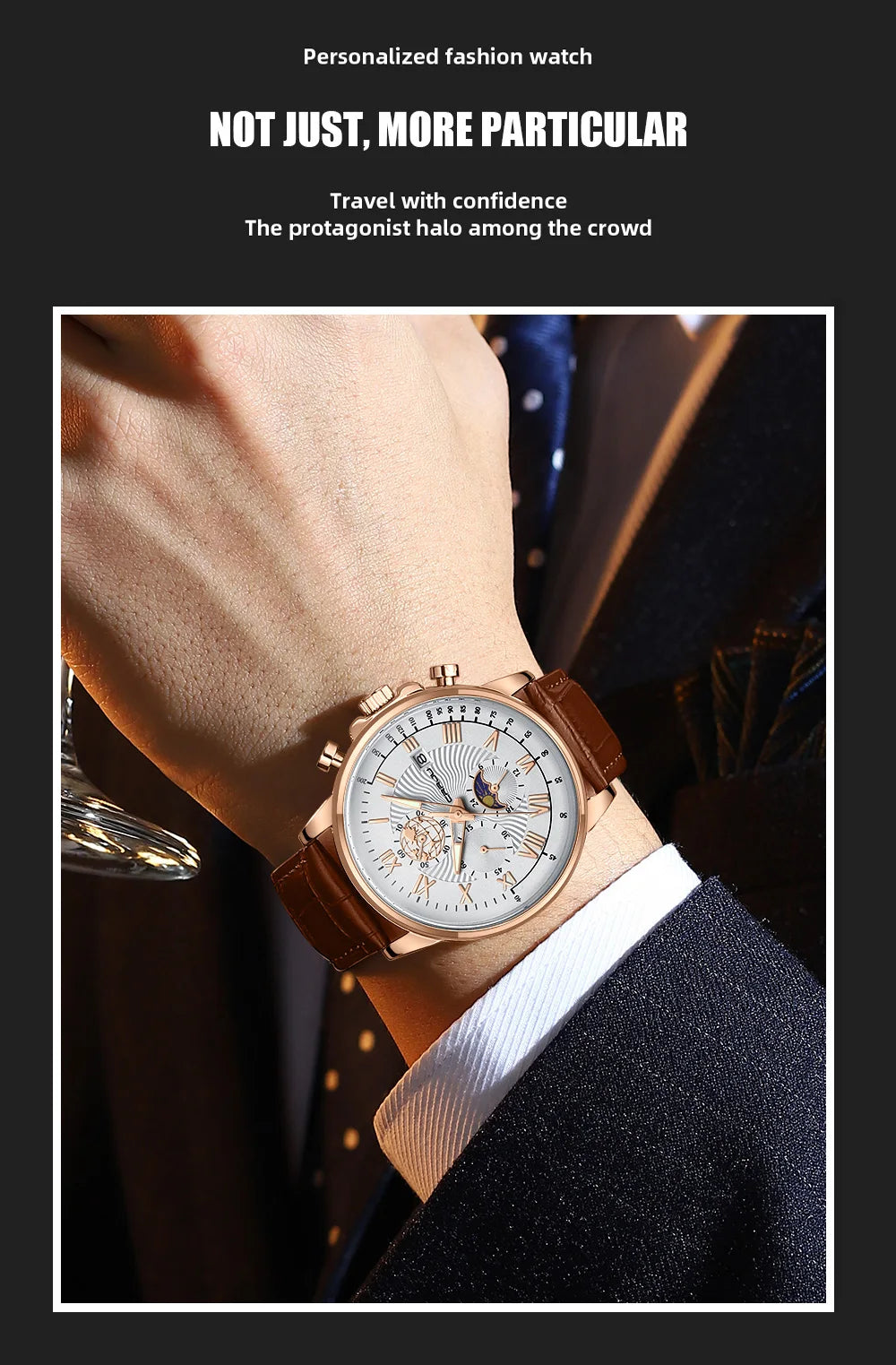Watch Fashion Business Quartz Watch Sun, Moon and Star Multifunctional Luminous Waterproof Father's Day Gift