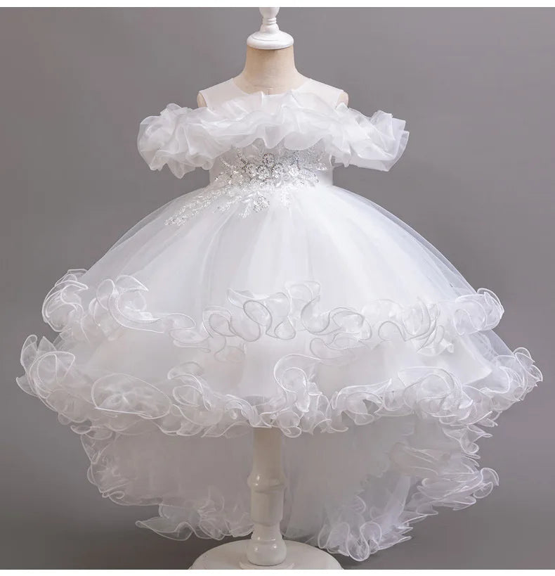 Luxury Off-Shoulder Girls' Dress - Convertible Tulle Ball Gown for Birthday Parties & On-Stage Events