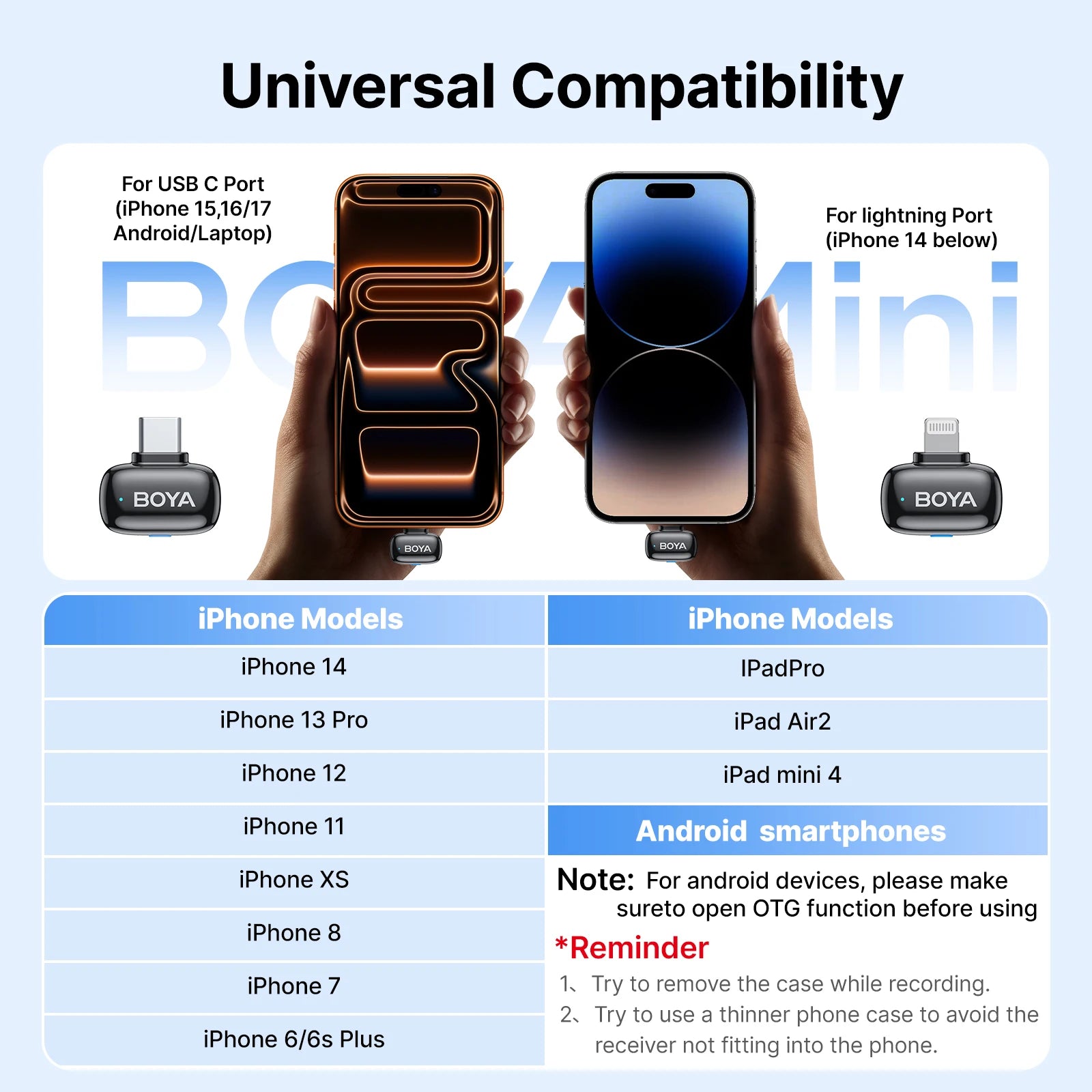 Mini 2 Wireless Lavalier Lapel Mini Microphone Noise Reduction for iPhone 6-17 USB-C Android SmartPhone PC Live Streaming