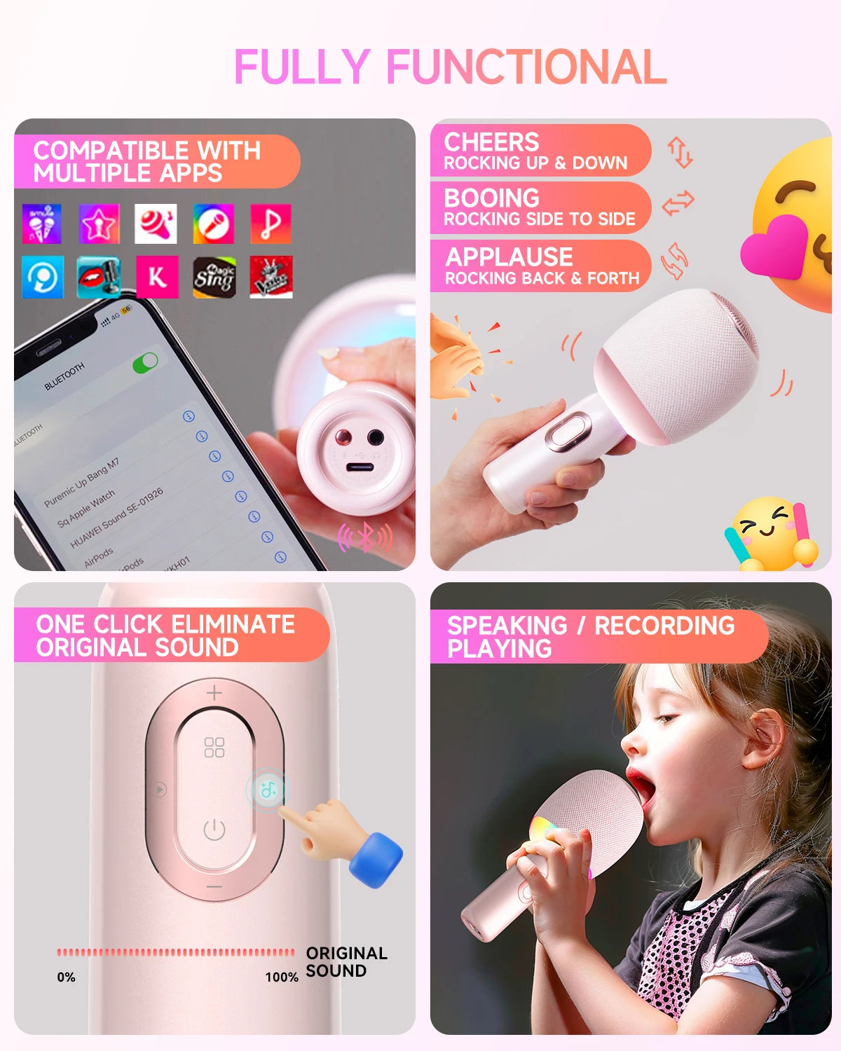 Wireless Bluetooth Karaoke Microphone, 5-in-1 Portable Handheld Mic Speaker with Dynamic Lights, Karaoke Microfono for Car