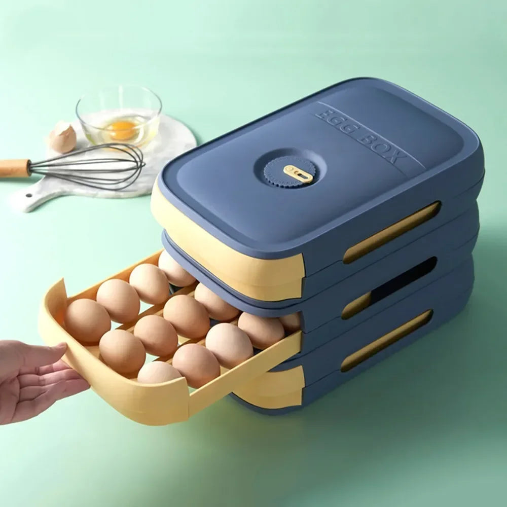 Automatic Rolling Egg Holder Stackable Drawer Storage Box – Space-Saving Refrigerator Kitchen Organizer