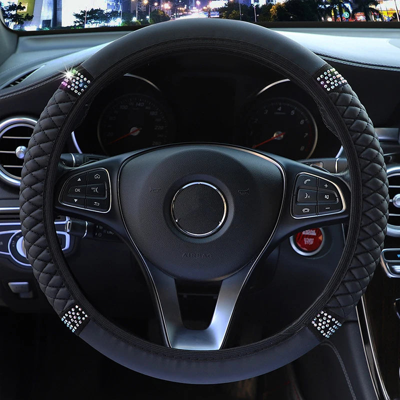 Universal PU Leather Rhinestone Car Steering Wheel Cover