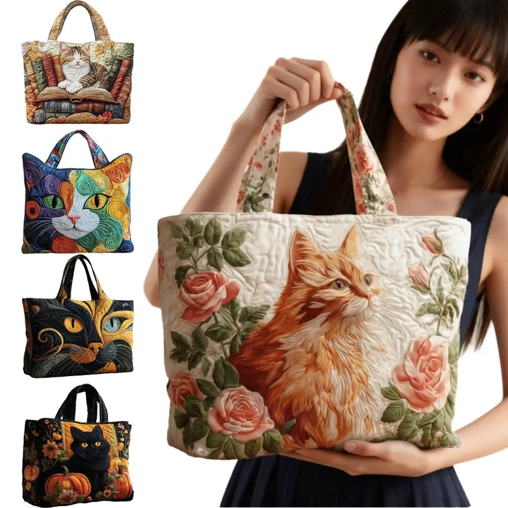 Cat Print Quilted Cotton Tote Bag Large Capacity Travel Shopping Handbag