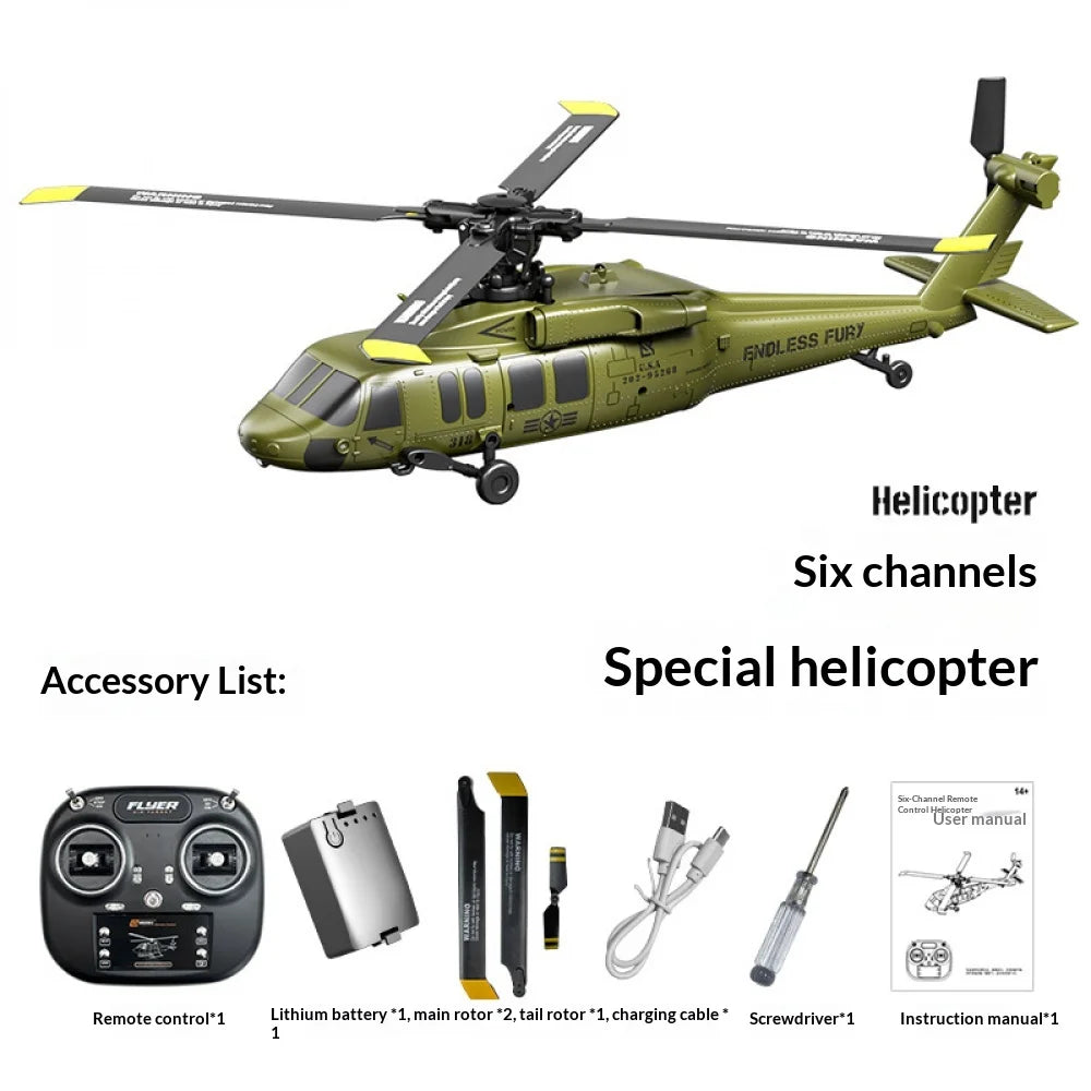 Six Channel Remote Control Military Helicopter With Simulated Stunt Design