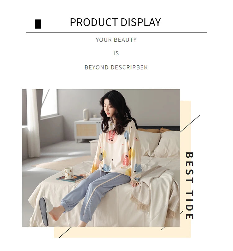 Women’s Cute Lazy Style Cotton Pajama Set – Soft, Loose Long Sleeves & Pants