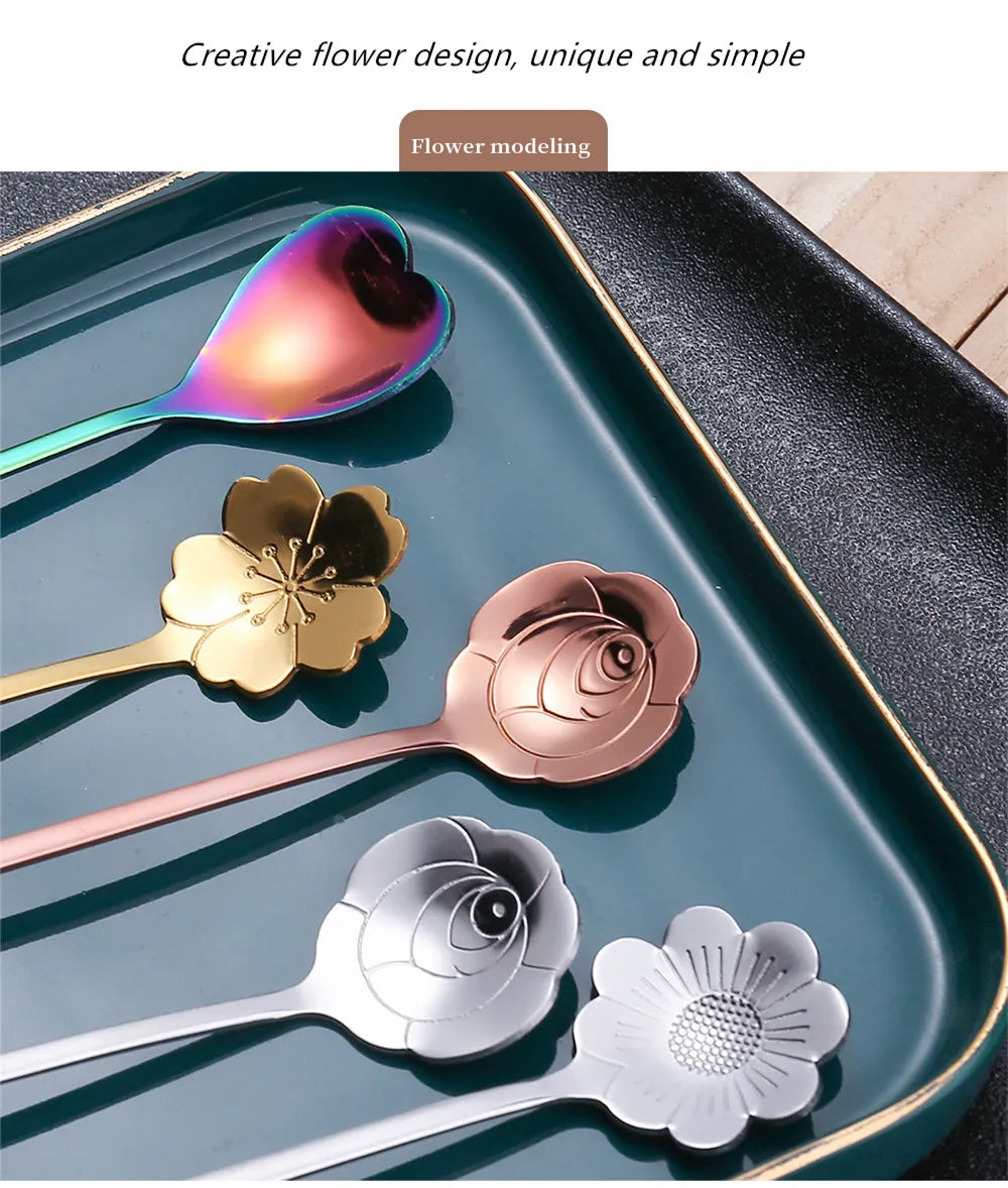 4pcs Long Flower Spoon Stainless Steel Dessert Spoons Gold Long Handle Teaspoon Mixing Scoop for Coffee Cake Kitchen Accessories