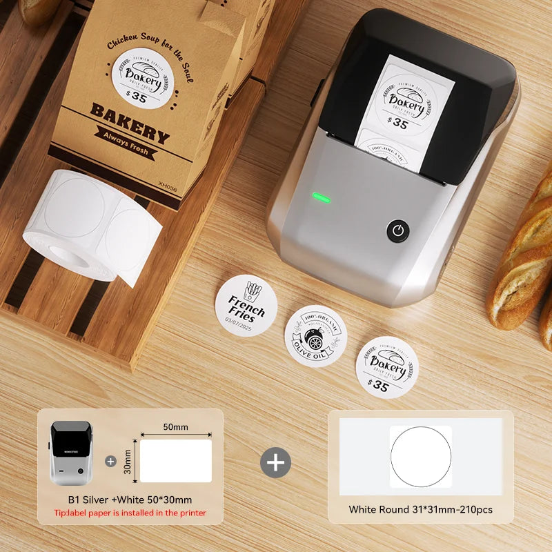 B1 Thermal Label Printer, Bluetooth Portable Sticker Maker 20–50mm, Inkless Barcode Price Tag Label Machine for Business & Food