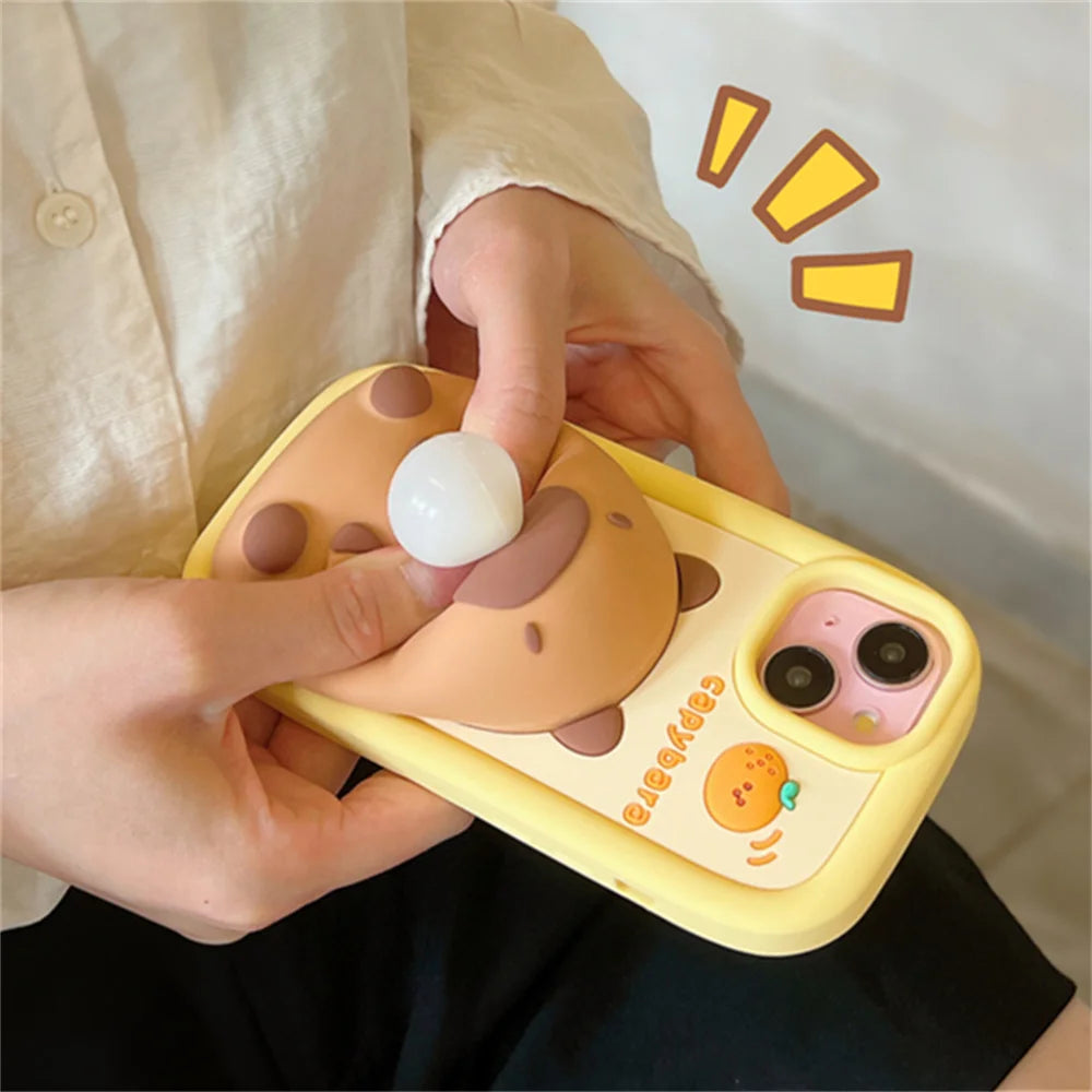 Cute Cartoon Capybara Squishies Phone Case For iPhone 15 13 14 Pro Max Blowing Bubble Lens Protection Soft Silicone Cover