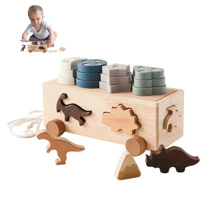 Montessori Shape Sorter Silicone Wooden Pull Along Car Dinosaur Shape Sorter Matching Blocks Box Kid  Intellece Educational Toys