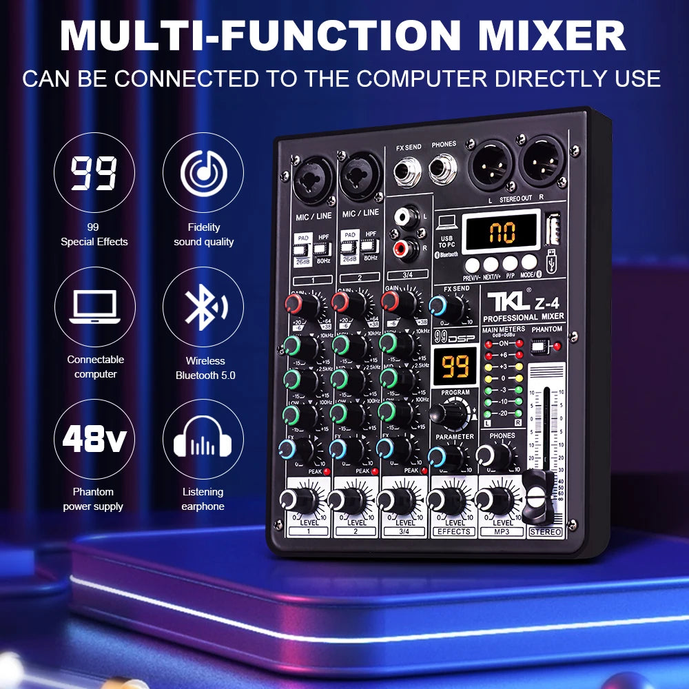 4 Channel Audio Mixer With 99 DSP Effects Bluetooth USB And 48V Phantom Power