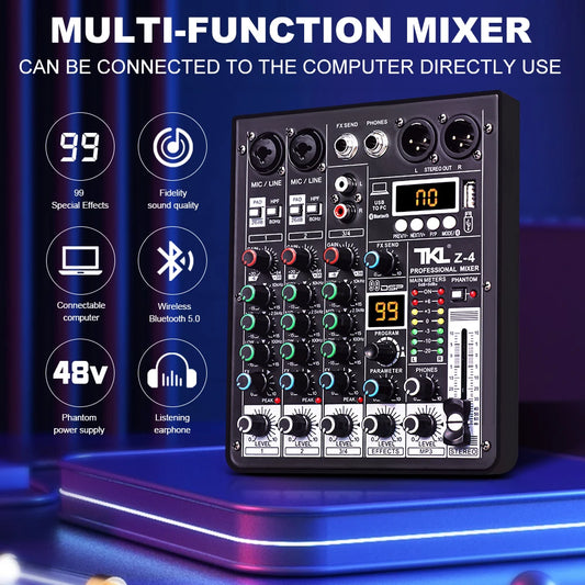 4 Channel Audio Mixer With 99 DSP Effects Bluetooth USB And 48V Phantom Power