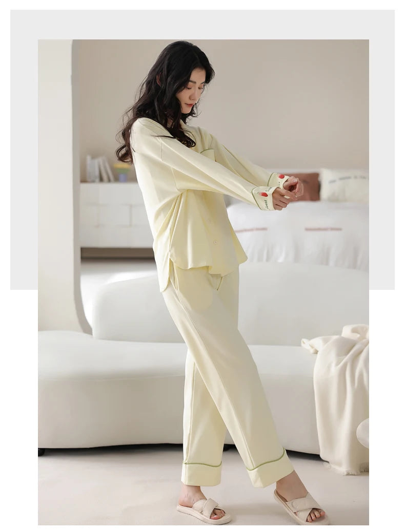 Women’s Winter 100% Cotton Pajama Set – Loose Fit, Turn-Down Collar, Long Sleeves, Cute Pink