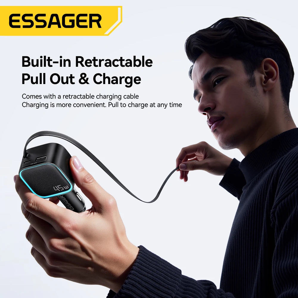 45W Car Charger with 75CM Retractable Cable PD Fast Charging USB C & USB A 3 Port Adapter