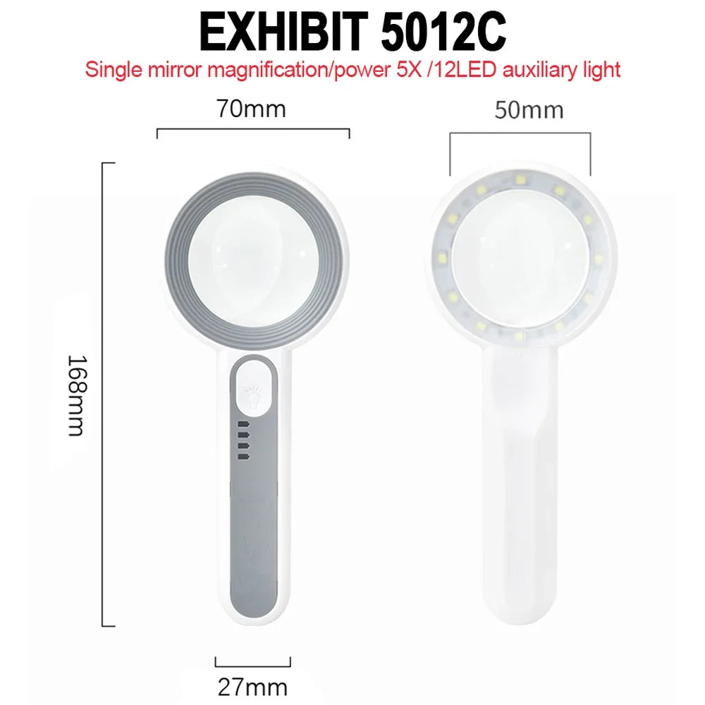 Rechargeable LED Magnifier 5X–12X Handheld with 3 Light Modes