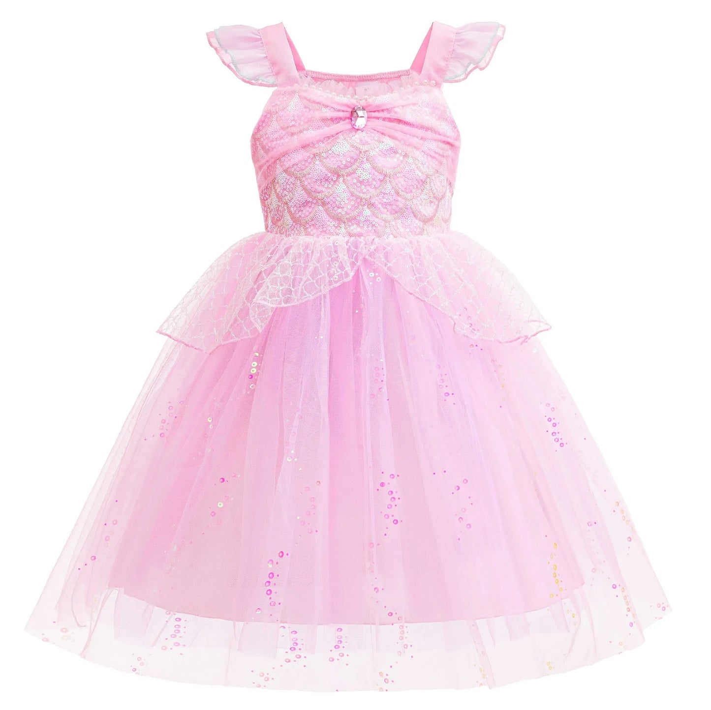 Sparkle Mermaid Princess Dress with Flutter Sleeves Sequin Tulle Party Costume