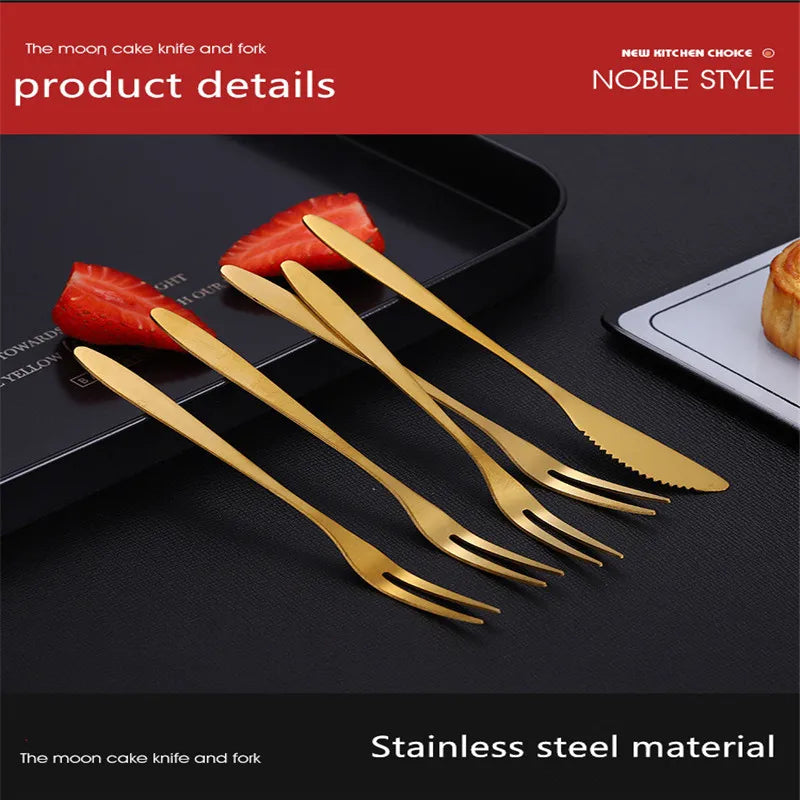 10pcs Stainless Steel Fruit Fork Small Toothpick Multifunctional Fruit Stick Gold Moon Cake Knife Food Picks Kitchen Accessories