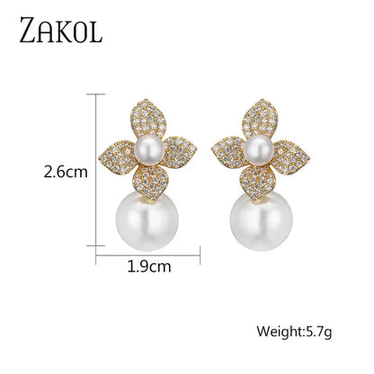 Shiny Imitation Pearl Flower Dangle Earrings for Women Fashion Cubic Zirconia Gold Color Bridal