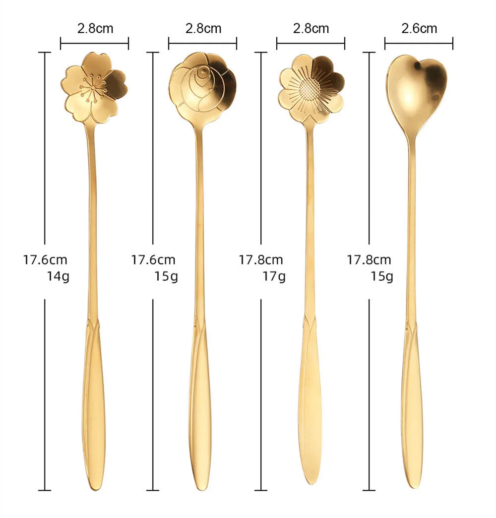 4pcs Long Flower Spoon Stainless Steel Dessert Spoons Gold Long Handle Teaspoon Mixing Scoop for Coffee Cake Kitchen Accessories