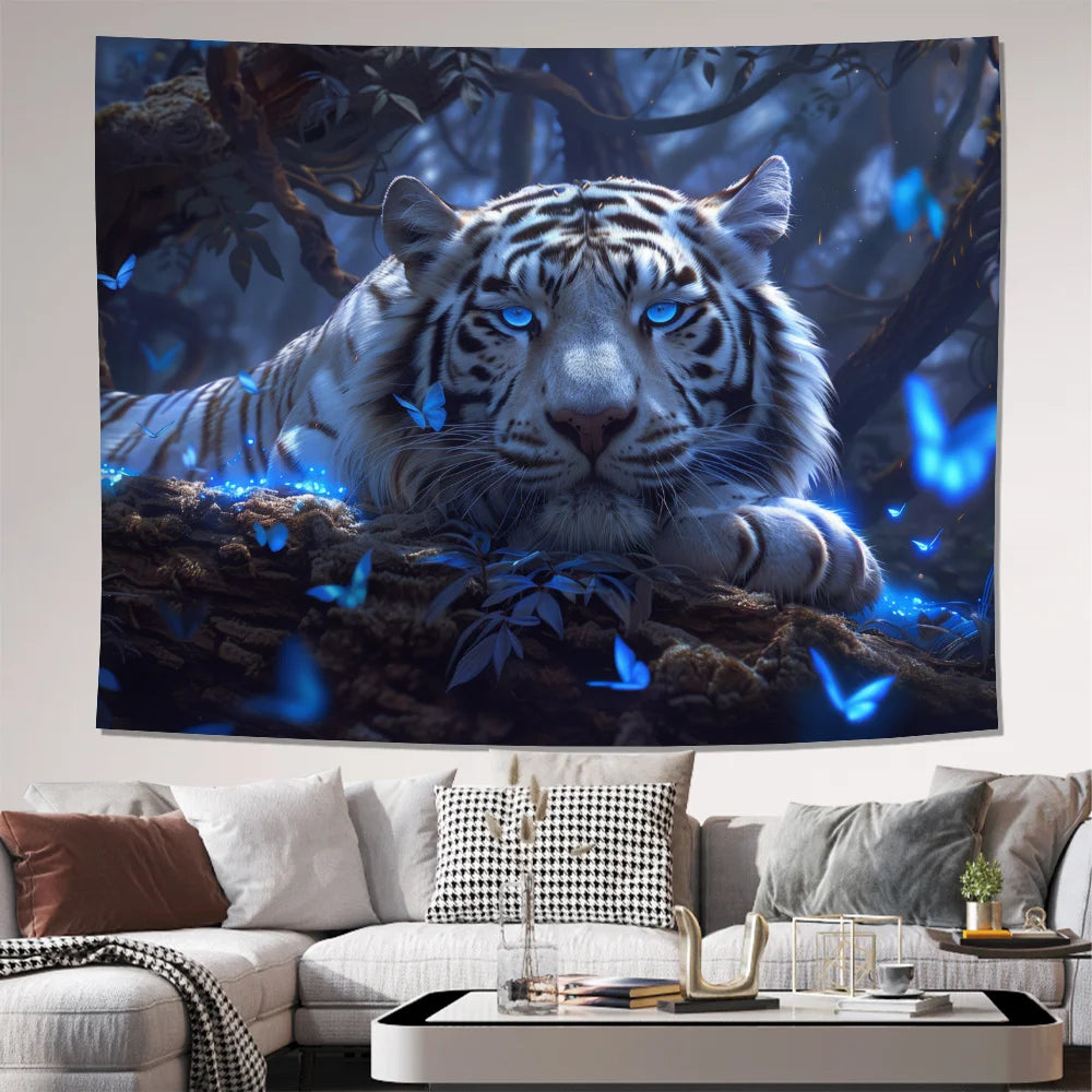 Fantasy Forest White Tiger Tapestry Butterfly Living Room Sofa Natural Style Children's Room Story Wall